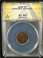 1868 Indian Head Penny AU50 ANACS