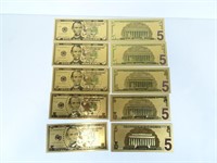 Ten Gold Plated Replica $5 Notes