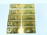 Ten Gold Plated Replica $50 Notes