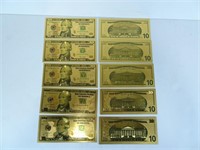 Ten Gold Plated Replica $10 Notes