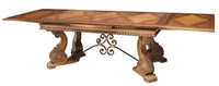 SPANISH STYLE CARVED OAK DRAW LEAF DINING TABLE