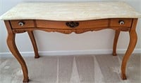 FAUX MARBLE SOFA TABLE W OAK BASE CENTER DRAWER45"