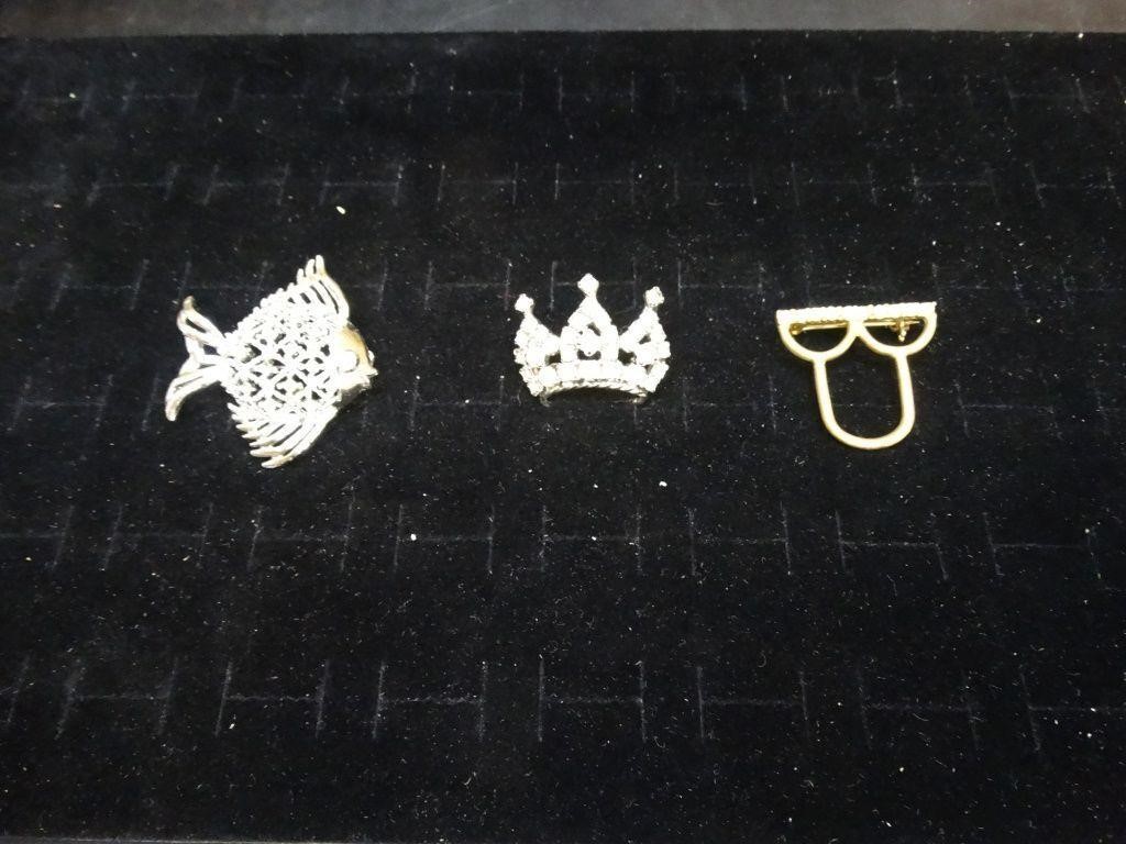 Eyeglass, Tiara & Fish Brooches with Rhinestones