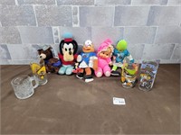 Vintage Disney and other plush toys and glasses