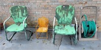 2 METAL PATIO CHAIRS, CHILDS METAL PATIO ROCKER,