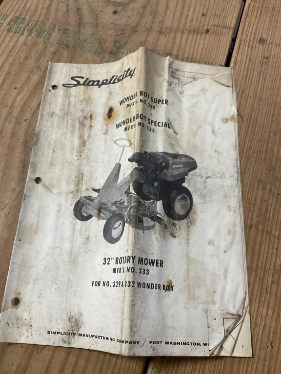 Vintage Simplicity Wonder Boy Rotay Mower Manual