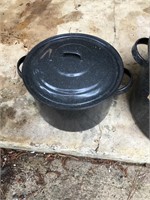 Three enamel cooking pans with lids