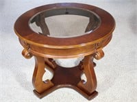 Round Wood End Table with Beveled Glass Top