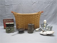 Vintage Wood Basket Filled W/Assorted Antique