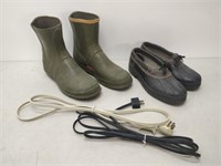 2 extension cords, pair of shoes and pair of boots