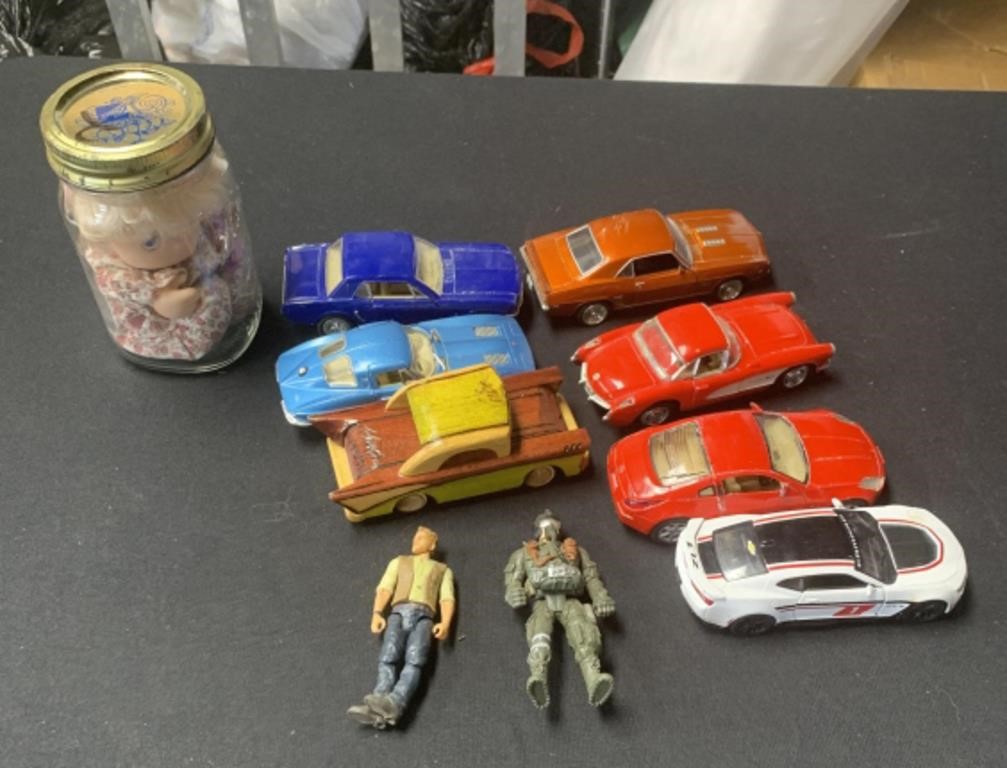 lot of cars, doll, figures