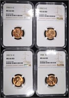1950-D, 52-S, 57-D, 58 LINCOLN CENTS NGC MS66 RD