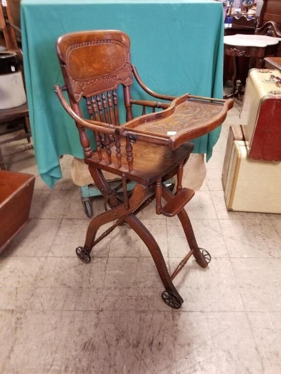 OAK PRESSED BACK UP AND DOWN HIGH CHAIR