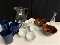 GLASS PITCHER, MUGS, ETC.