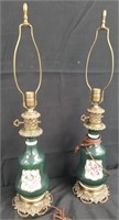 2 PC PORCELAIN LAMPS GREEN & FLORAL THEME