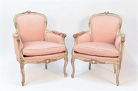 PAIR OF FRENCH STLYE PINK UPHOLSTERED ARM CHAIRS