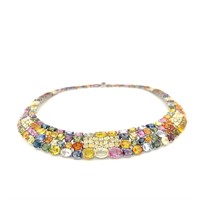 14K White Gold Colorful Sapphire Diamond Necklace