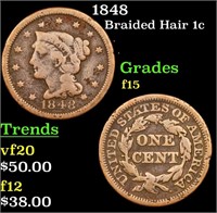 1848 Braided Hair Large Cent 1c Grades f+