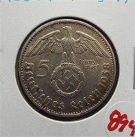 1938 Silver Nazi 5 Marks.