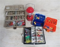 Various tackle boxes with contents and Coleman