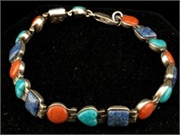 Sterling Signed Bracelet w/Crushed Turquoise,