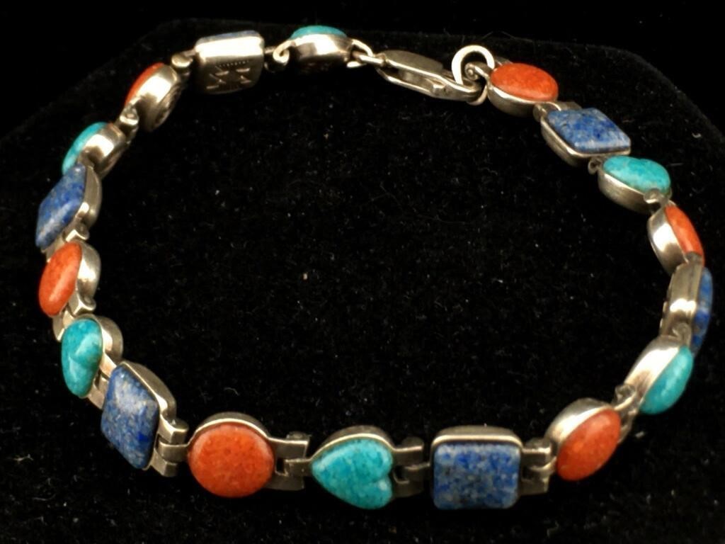 Sterling Signed Bracelet w/Crushed Turquoise,