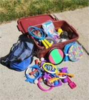Bin of Assorted Water and Outdoor Toys w/ Bag