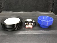 New plates mug and plastic bowls