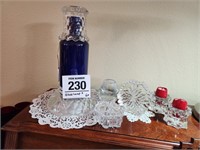 Cool blue glass lamp w/ candle holders, etc.
