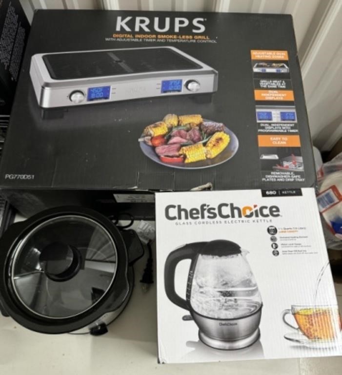 Indoor Grill, Electric Kettle, & Slow Cooker