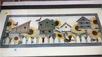 Framed wall art, sunflowers and bird houses 38 x