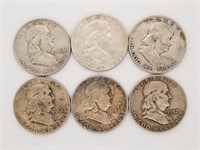6 Franklin silver half dollars, mixed dates, condi