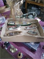 Lot of 5 wooden sailboats.