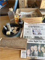 LOTS OF 1999 NEWSPAPERS, WOOD BOX WITH LID, ETC