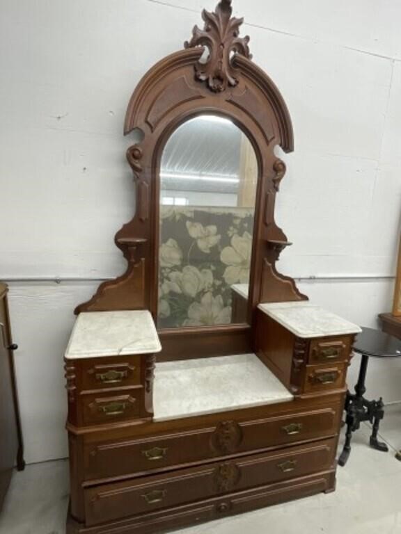 Antique Dresser With Marble Top And Large Mirror
