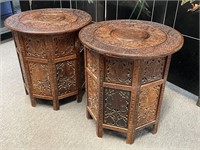 Pair, VTG Inlay and Carved Moroccan Side Tables