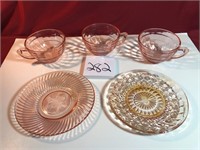 5 pink dishes, cups/saucers non matching