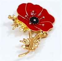 Enamel Red Poppy Brooch with Crystals