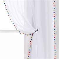 Treatmentex White Sheer Curtains Pom Pom 2 Panels