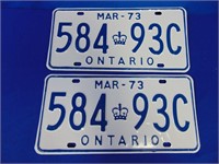 License Plates March 73 Matched Pair Ontario