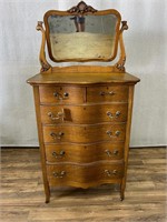 Antique Tiger Oak Serpentine Chest w/Mirror