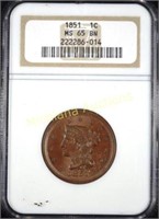 1851 Braided Hair Large Cent MS65 BN NGC