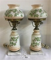 Pair of Painted Milk Glass Marble-base Lamps
