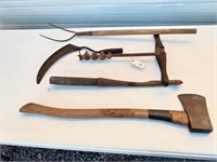 Antique Tools, Axe, Bark Spud, Barn Auger &