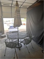 Green Metal Table and Chairs with Umbrella & Stand