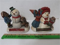 2 Snow Man Figurines w/ Children & Rabbit,