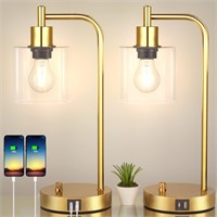 Set of 2 Gold Industrial Table Lamps with 2 USB Po