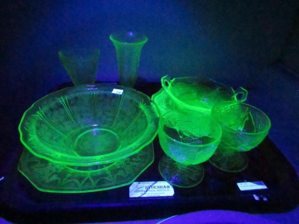 URANIUM GLASS FLORAL & FRUIT THEMED GLASSWARE