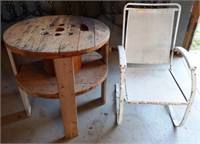 Wooden Spool Table & Vintage Bouncy Lawn Chair