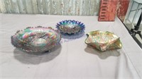 Set of 3 blue carnival glass dishes